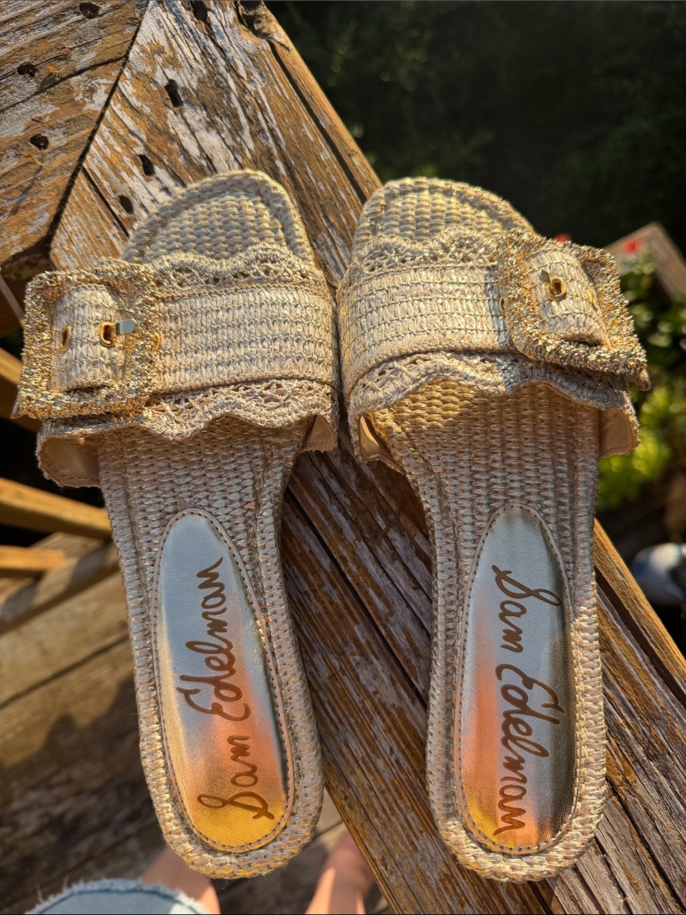 Sam Edelman Gold-Beige Woven Buckle Slide Mules